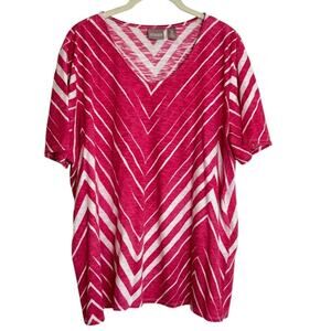 Chicos Womens Cotton Tee XL Pink White Chevron Stripe V-Neck Short Sleeve